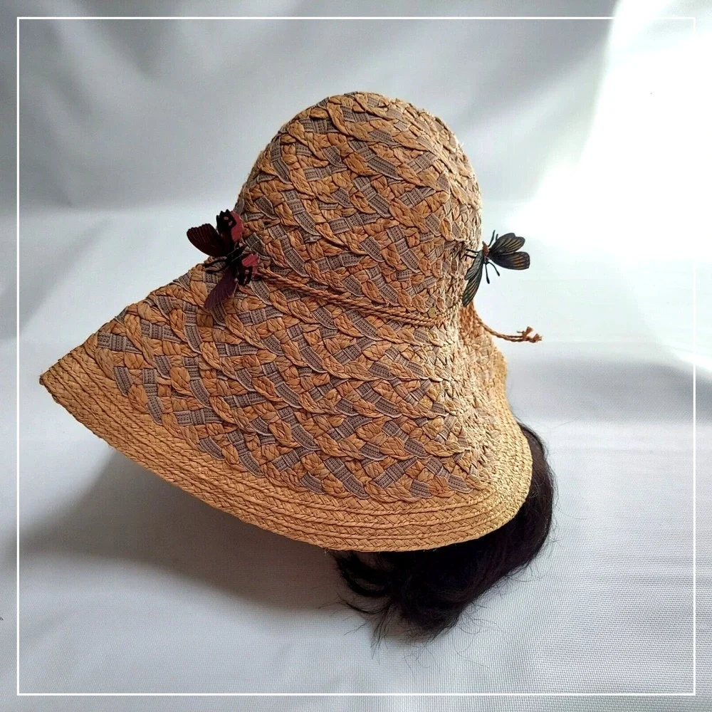 Betmar Women Strew Sun Hat One Size Tan Boho Raffia Butterfly Wide Brim Garden